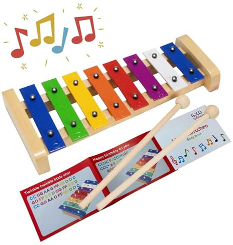 GICO Xylophon aus Holz mit 8 Tönen (C-DUR) für Kinder mit 2 Schlägeln und deutsch, englischem Liederbuch - 3811