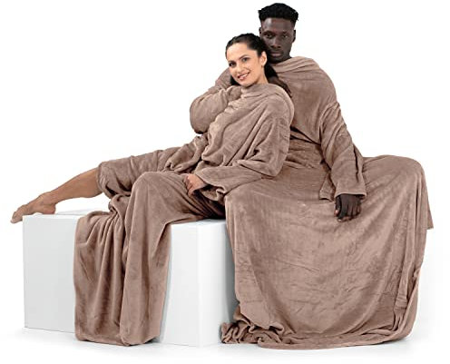 DecoKing Decke mit Ärmeln Geschenke für Frauen und Männer 150x180 cm Beige Microfaser TV Decke Kuscheldecke Weich Lazy