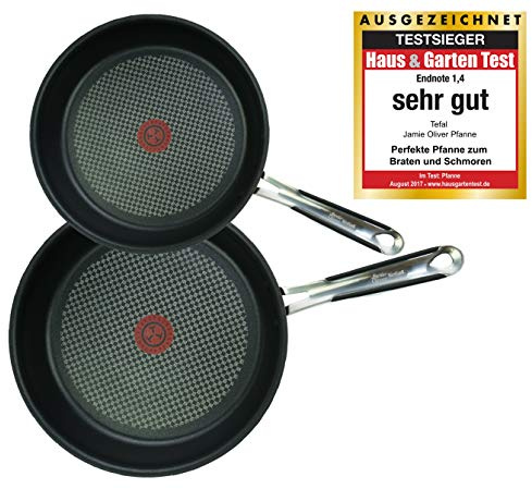 Tefal E85710 Jamie Oliver Pfannenset 2-tlg, Bratpfanne 24 und 28 cm, Induktion Pfannen mit Antihaftbeschichtung, Edelstahl Pfanne, inkl. 3 Pfannenschoner aus Filz