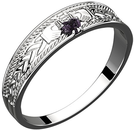 GWG Jewellery Anillo de Claddagh Plata de Ley Dos Manos Que Rodean Corazón de Piedra de Color Amatista Púrpura con Corona y Nudos Celtas Entrelazados - 8 en Caja de Regalo para Mujeres