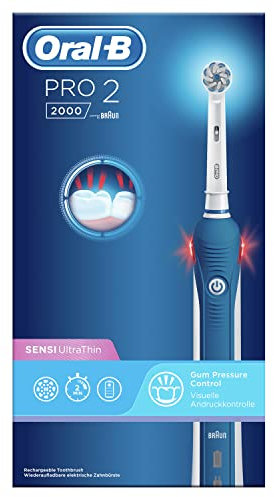 Oral-B PRO 2 2000 Elektrische Zahnbürste/Electric Toothbrush mit visueller Andruckkontrolle für extra Zahnfleischschutz, 2 Putzprogramme inkl. Sensitiv, Timer, 1 Sensitive Clean Aufsteckbürste, blau