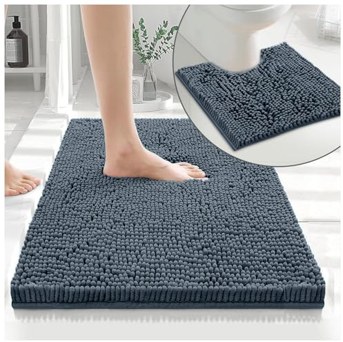 GC GAVENO CAVAILIA 100% Microfiber Chenille Bath Mat Set, 2 PC, Dark Grey | Non Slip Back, Soft Touch, Highly Water Absorbent & Fast Drying, Toilet Rug with Pedestal Mat