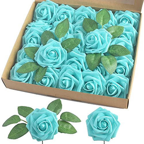 homEdge Rose artificiali, 25 fiori artificiali in schiuma con stelo per decorazioni domestiche, bouquet di nozze, feste, certerpiece, anniversari, celeste