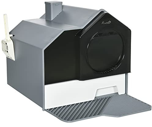 PawHut Arenero Cubierto para Gatos Caja de Arena Cerrada para Gatos con Bandeja Extraíble Pala Pedal Exterior y Filtro Desodorizante 47x45x42 cm Gris