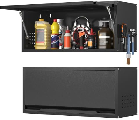 Coolsun Metal Wall Cabinet, Garage Wall Cabinet with Up-Flip Door, 31.5 W Wall Mounted Metal Storage Cabinet for Kitchen,Garage,Basement,Ware House Assembly Required (Black)