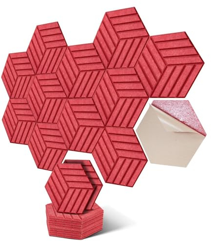 Hexagon Akustikplatten selbstklebend - Schallabsorber für Wand & Decke - 30x26x0.9cm, 12er Pack, weiß - Perfekt für Wohnräume, KTVs, Musikzimmer & Büros. (Rot Streifen-Hexagon)