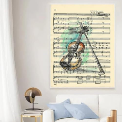 BMGKYAGL Vintage-Geigendruck, Wörterbuchkunst, Musikliebhaber, Retro-Notenblätter, Leinwandgemälde, Wandkunst für Wohnzimmer, Arbeitszimmer, Wanddekoration, 70 x 100 cm, rahmenlos