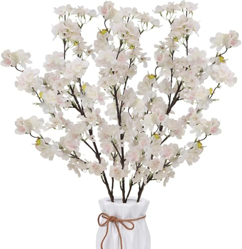 Minnhua 3pcs Flores Artificiales Decoracion Blancas Rosa Rama de Flor de Cerezo Artificial Pequeñas Flores de Seda para Exterior Interior Jarrones Hogar Boda Fiesta Bautizo Jardinera Patico