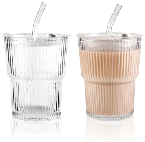 Wynthex 2 Stück 400ml Trinkbecher mit Deckel und Strohhalm, Luftdicht Wasserdicht Design Glasbecher Set, Glas Smoothie Becher für Cappuccino, Latte, Tee, EIS, Eistee, Iced Americano, Milch, Saft