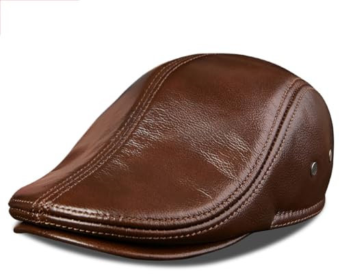 SYXSM Herren Leder Schiebermütze, Lederhut, Newsboy Cap, Leder Newsboy Hut, Efeu Hüte, warme Gehörschutzkappe, Leder Hut Freizeit,Braun,XXL