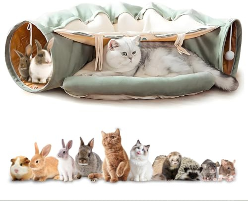 Tunnel pour Chat avec Espace de Couchage, Grotte Interactive pour Chats avec Balle Suspendue, Lit Amovible et Jouet pour Chaton Aire de Jeu pour Chaton, Lavable, Jouet pour Animal de Compagnie
