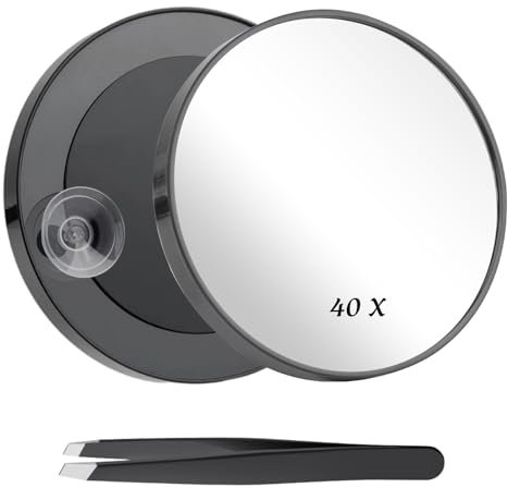 teasteam 40x Magnifying Mirror Compact Magnifying Mirror 8.8cm with Suction Cups and Tweezers Portable Strong Magnification for Travel Bathroom Table Precise Makeup and Eyebrow Plucking Shaving