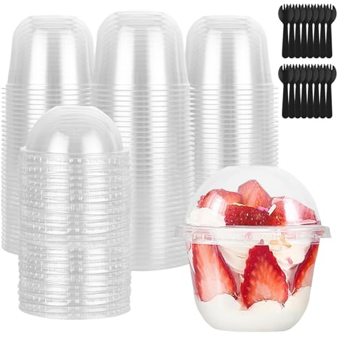 MIVIDE Lot de 100 Gobelets à Dessert avec Couvercle 300 ml, Verres à Dessert en Plastique avec Couvercle pour Mousse, Pudding, Crème Glacée, Fête, Mariage
