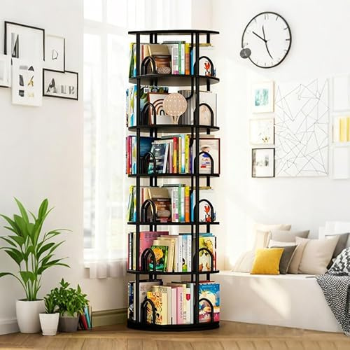 Weiß Drehbares Bücherregal 5 Ebenen, Großes Massivholz Drehregal Bringen Leitplanke aus Metallrohr, 360° Multifunktionales rund Standregal Lagerregal für Schlafzimmer Kinderzimmer (Schwarz, 6 Ebenen)