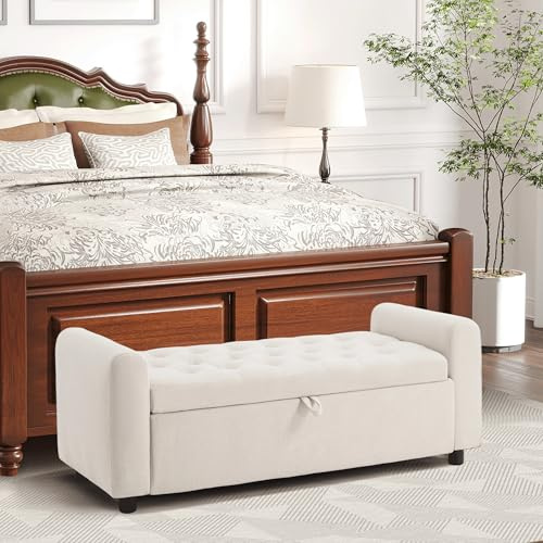 Ottoman with Storage, Tufted Storage Bench for Bedroom, 48 Fabrics End of Bed Bench, Upholstered Entryway Shoe Benches with Rolled Arm & Inner Zipper, Window Ottomans Chest without Rivets, Beige