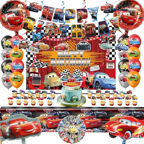 Decoración de Cumpleaños de Cars, 104PCS Decoración de la Fiesta de Cars, Globos de Cumpleaños Car, Car Manteles, Car Pancartas, Decoración para Tartas, Suministros de Fiesta de Cumpleaños para Niños