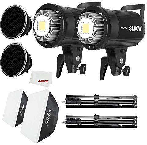Godox Juego de 2 focos de iluminación Profesional, luz LED SL de 60 W, Incluyen Rejilla de Nido de Abeja, Son Ideales para un Estudio de fotografía, 60 x 60cm