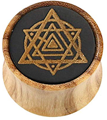 CHICNET Damen Herren Ohr Plug Piercing Flesh Tunnel Tube Dehner Expander aus Olivenholz Horn Inlay Zeichen Dreiecke Double Flared, Größen 8mm-22mm 20 mm