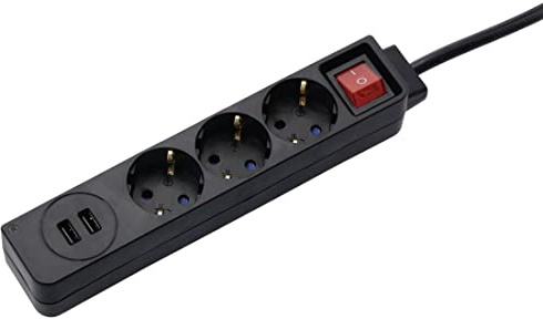 Hama Steckdosenleiste 3-Fach mit USB (2X USB Anschluss mit 3400 mA, 1,4m Mehrfachsteckdose, Berührungsschutz, unbeleuchteter Kippschalter, Steckplätze um 45° gedreht, Steckleiste max. 3680W) schwarz