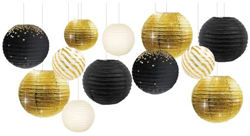 NICROLANDEE Partydekorationer i svart och guld – 12 st metalliska foliepapper lyktor dekorativa för födelsedagar, bröllop, baby shower, examen, trädgårdsfest, jubileumsdekorationer