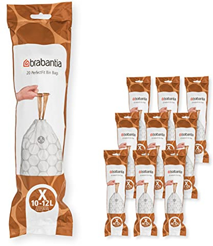 Brabantia PerfectFit Müllbeutel, Code X (10-12 l), 200 Stück | Aus reißfestem Kunststoff, mit Zugband, unsichtbare Anbringung, Belüftungslöcher, praktische Spenderverpackung