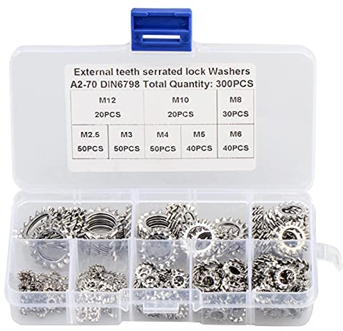 Jadeshay Rondelle de Blocage en étoile 300 pièces rondelles de Blocage dentelées externes rondelle Anti-desserrage 304 en Acier Inoxydable M2.5-M12 Kit