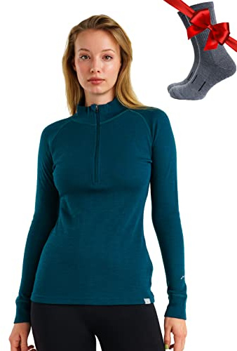 Merino.tech 100% Merino Half Zip Pullover Damen Wandern + Wollsocken | Unterwäsche Damen, Langarm Shirt, Halbreißverschluss,Midlayer für Laufen und Fitness, Kratzfrei, Geruchsneutral, Wärmend