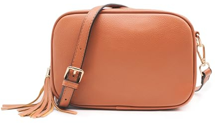 Sac à main à bandoulière pour femme - Design classique léger - En cuir vegan - Pratique - Décontracté - Avec pompon, Marron pain d'épices, Small