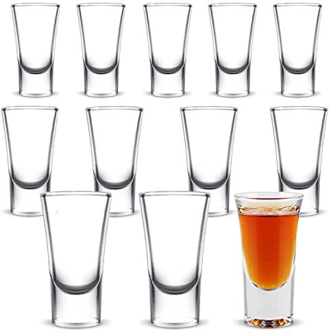 NUWIQ Heavy Base Shot Glasses: 12-Pack 25ml Small Clear Thick Base Glasses Drinking Tequila Vodka Whisky Gin - Reusable for Bar Pub Party Game
