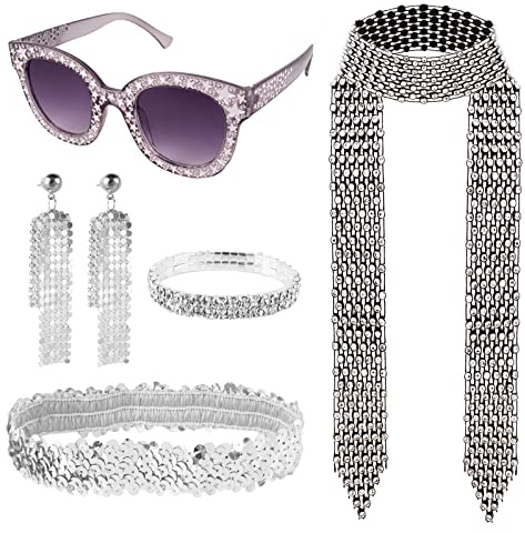 Bubuny 5 Stück Disco 70er 80er 90er Jahre Kostüm Accessoires Glitzer Haarbänder Disco Haarband Sonnenbrille Strass Halskette Pailletten Ohrringe Armband Outfit Damen für Fasching Karneval Kostüm