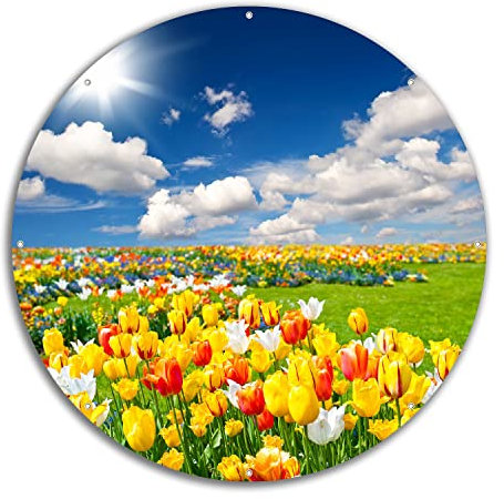 Wallario rundes Outdoor-Poster für Garten oder Balkon Tulpenwiese unter blauem Himmel, Motivbanner 60 cm Durchmesser