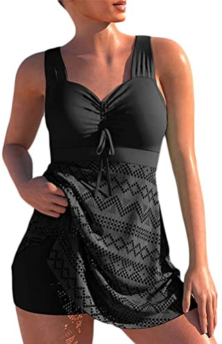 Femme Tankini Set Ventre Push up Maillots de Bain 2 pièces Dentelle Découpé Evidé Top Bikini Swimsuits avec Short de Bain Grande Taille (Noir,4XL)