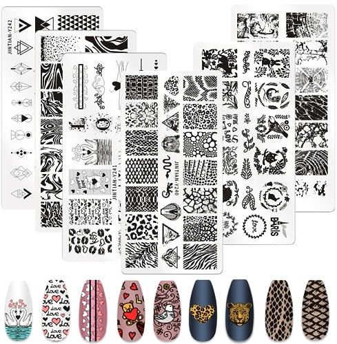 MWOOT 6 Piezas Nail Art Stamping Plates, Plantillas Uñas Decoracion, Placas de Uñas con Patrón Corazón Geometría Líneas Animal Serpiente, Juego Placas Estampacion Uñas para Salón Casa