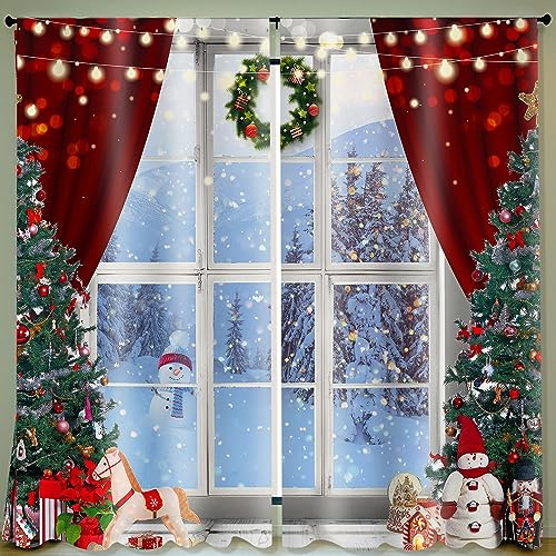 Peryiter Christmas Curtains 83 x 81 Inch Winter Bedroom Window Drapes Tree Xmas Curtains for Living Room Curtain for Farmhouse Bathroom Kitchen Village(Classic)