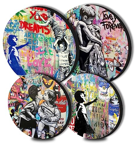 Banksy Graffiti Round Metal Hob Covers Set of 4 Stove Cooker Hob Covers for Cookers Gas Stove Protector Cookware Accessories Modern Cooktop Decor