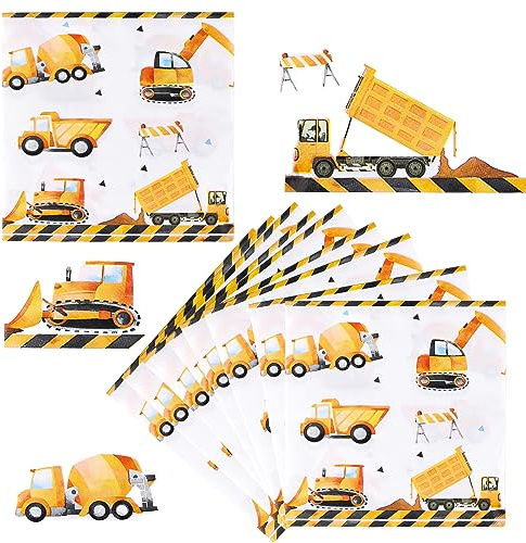 40 Stück Servietten Bagger, Baustelle Servietten für Geburtstag, Fahrzeuge Papierservietten für Kinder Geburtstag, Partygeschirr, Einweg Servietten für Jungen/Mädchen - 33x33Cm, Quadratisch