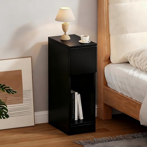 Sanery Slim Bedside Table Bedroom Nightstand with Open Shelf & Drawer, Narrow End Table Sofa Side Table for Living Room, Compact Wooden Lamp Table Telephone Table for Home Office, Black