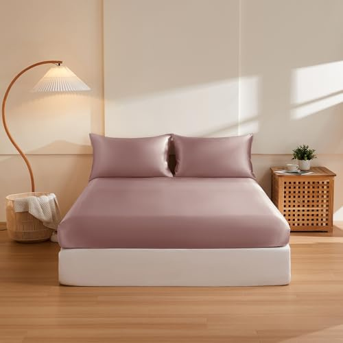 THXSILK 6A+ Top Grade 100% Pure Mulberry Silk Queen Fitted Sheet 3Pcs Set Bed Sheets Luxury Bedding for Hair and Skin Breathable Cooling Safe Material, 1 Fitted Sheet with 2 Pillowcases, Purple