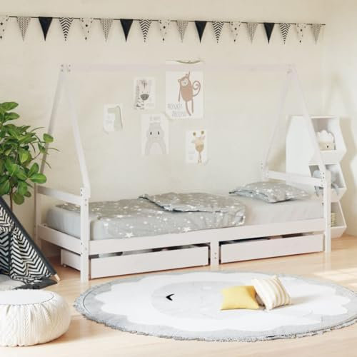 Gecheer Kinderbett Hausbett mit Schubladen Bettenhaus Spielbett Kinder Bett Kinderhaus Holzbett Bettgestell Weiß 80x200 cm