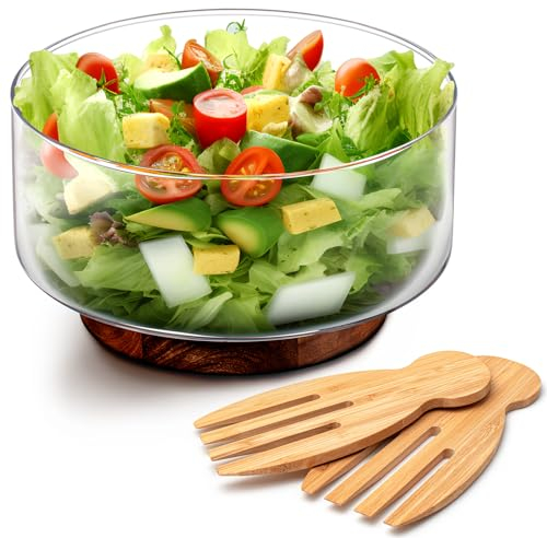 FillTouch Large Glass Salad Bowl Set Glass Mixing Serving Bowl with Wooden Base and Fork Trifle Bowl Glass with Serving Utensils for Fruits, Popcorn, Chips, Pasta(125 oz)