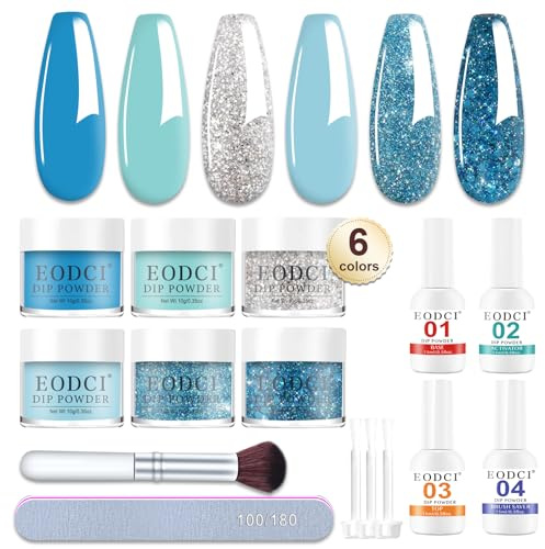 Eodci 12Pcs Dip Puder Nagel Set, 6 Farben Glitzerndes Blaues Schnee Tauchpulver Set mit Basis Decklack/Aktivator/Pinselschoner Dipping Powder French Nagelkunst Starter Maniküre für Home & Salon