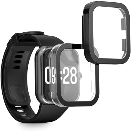 kwmobile Carcasa compatible con Xiaomi Redmi Watch 4 funda - 2x Protector pantalla completo de cristal templado - Ultrafino y antigolpes - transparente/negro