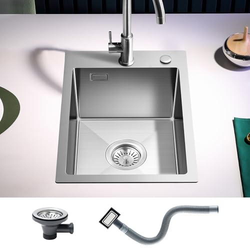 KEOKBON 304 Stainless Steel Kitchen Sink 35 x 45 x 19cm (30 x 35 x 18cm), Small Kitchen Sink, with Tap Hole and Overflow (Without Drain Pipe), 1 Bowl, Topmount, Brushed