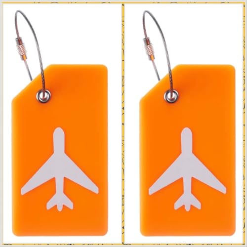 PVC Silicone Luggage Tags Holiday Suitcase Labels Travel Bag Plane Design Color with Name ID Card Suitable for Suitcase, Backpacks, Bags, Handbags. Travel Accessories Essentials (2 Pack Orange)