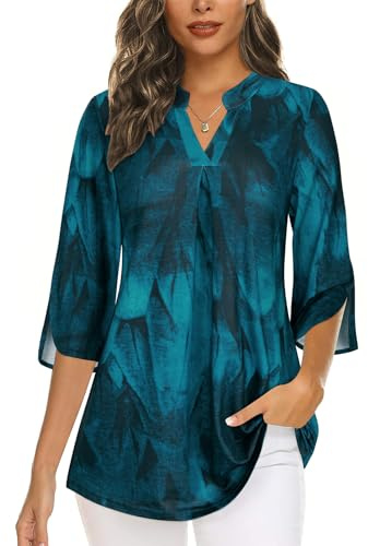 Flikity Womens V Neck Tops 3/4 Sleeve Pleated Floral Loose Casual Blouse Dressy Tunic Shirts