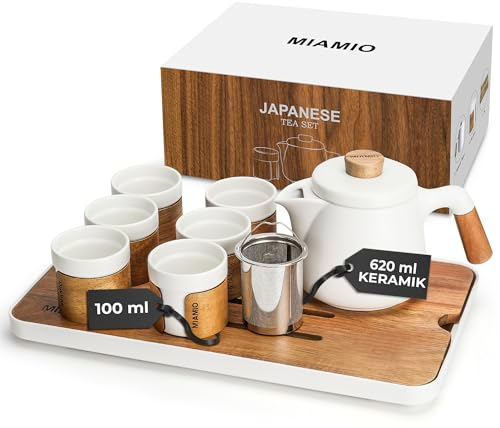 MIAMIO - Set da tè giapponese/cinese 6 x 100 ml/teiera asiatica 620 ml con infusore per tè, set di tazze da tè tradizionali giapponesi per amanti del tè/uomini/donne (Bianco)