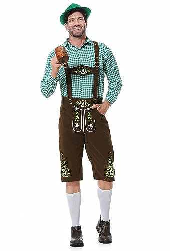 Lederhose Herren Tracht Set, Trachtenhose Herren Kurz,Trachtenlederhose Herren mit Trachtenhemd Hosenträger Trachtenhut Grün Trachten Komplettset Trachtenlederhosen für Oktoberfest Bayerische Outfit