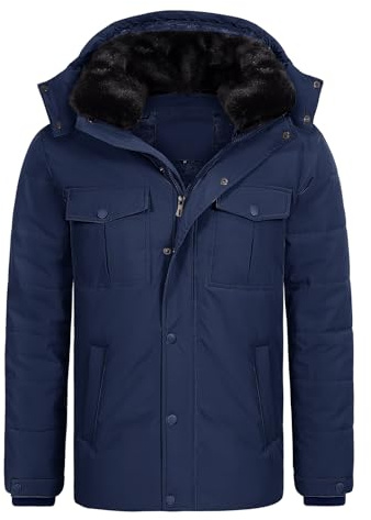 Tuopuda Abrigo Parka Térmico Hombre con Capucha Desmontable Chaqueta de Invierno para Hombre Parka Cortaviento con Cremallera(Marina,XXL)