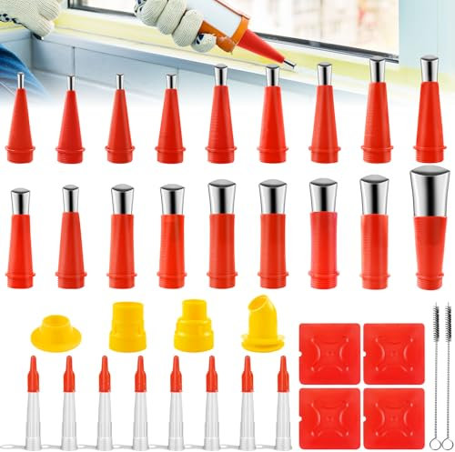 Hengxinchen 42 Stück Glättaufsatz Silikon, Gummidüse Werkzeug Kit mit 10 Stück silikonspritze, Edelstahldüsen Dichtungsdüse, Verschiedene Größen Kartuschenspitzen für In Küchen, Fenstern