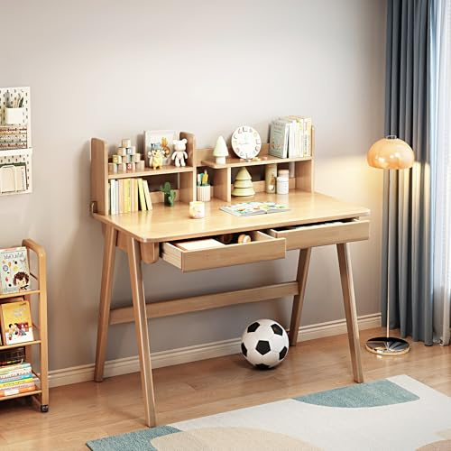 BALANBO Kids Desk＆Table Rubber Wood Children’s Study Desk with Bookshelf and Two Drawers for 3 Years and Above Student's Study Computer Workstation & Writing Table for Home Use(Nature